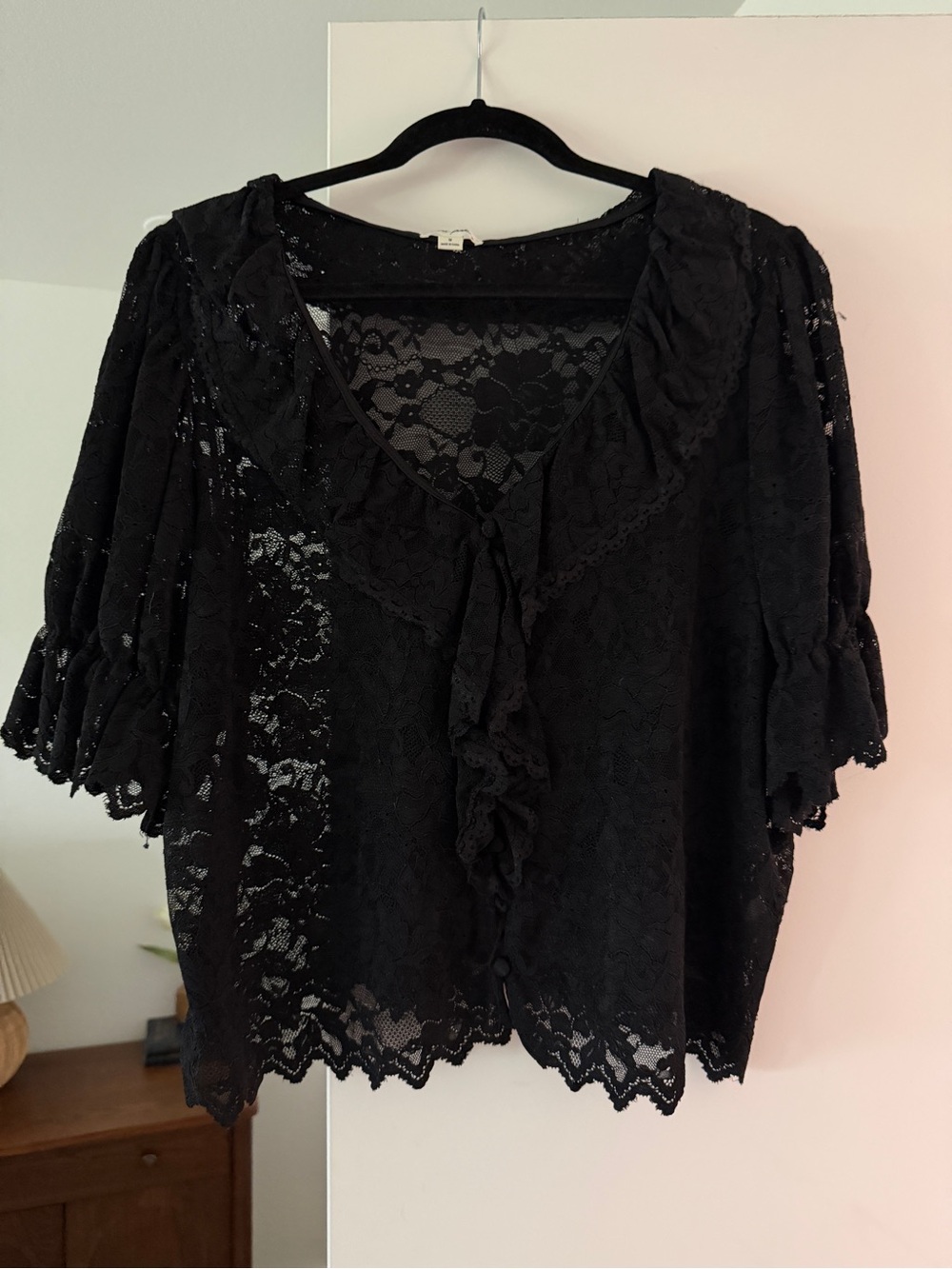 Ultra Pink Black Lace Ruffle Front Blouse Size Medium